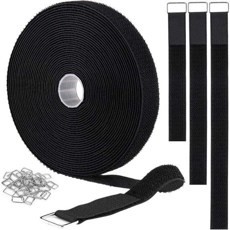 Cinghie a strappo da 2 cm x 10 m con 50 fibbie in metallo, fascette riutilizzabili tagliate a misura, cinghie di fissaggio regolabili, cinghia di serraggio in nylon, nere (1/4)