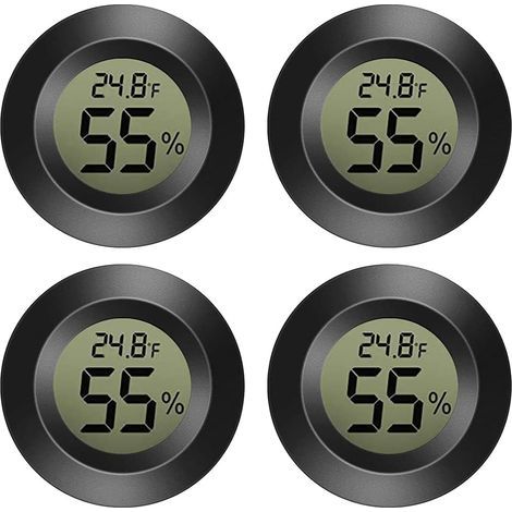 Higrómetro mini AIDUCHO, paquete de 4 termómetros higrómetros digitales pequeños para interiores y exteriores, medidores de humedad para automóviles, invernaderos, hogares y sótanos, color negro. (1/5)