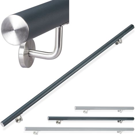 Relaxdays Pasamanos de aluminio, Redondo, Interior & Exterior, Mate, 150 cm, Ø 42mm, Soporte, Antracita (1/5)
