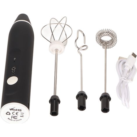 Mousseur à lait rechargeable en acier inoxydable 304, mixeur à boissons sans fil avec crochet (noir) (1/5)