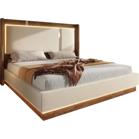 CHICFURN Cama doble tapizada 180x200 con somier de láminas, LED, canapé abatible hidráulico y cabecero retro en tela beige y madera oscura, sin colchón (1/5)