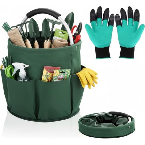 Sac de jardinage pliable 17L avec 6 poches extérieures, sac à outils étanche/panier de rangement/organisateur pour jardin, maison, camping et pique-nique, avec gants de jardinage (1/5)