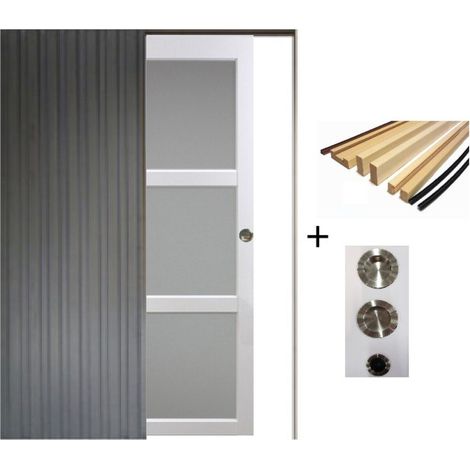 Porte Coulissante Kenya Blanc Vitrée H204 X L93 Cm, Galandage, Kit Finition (coquille Et Tire Doigt) Gd Menuiseries