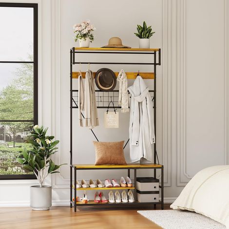 Vestiaire d’entrée 5‑en‑1 jaune banc assise tringle suspendue 9 crochets rangement chaussures ajustable (1/5)