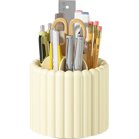 1 Support à stylos rotatif - Organisateur de bureau à 5 compartiments pour stylos, crayons, fournitures de bureau - Boîte de rangement grande capacité pour bureau/maquillage, jaune (1/5)