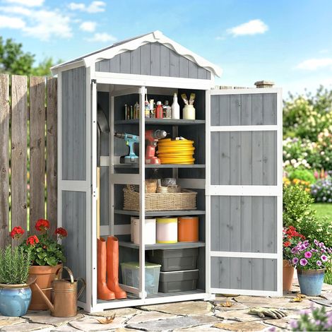 Abri de jardin en bois 105 x 55 x 179 cm, armoire à outils avec 4 étagères, toit en métal galvanisé gris (1/4)