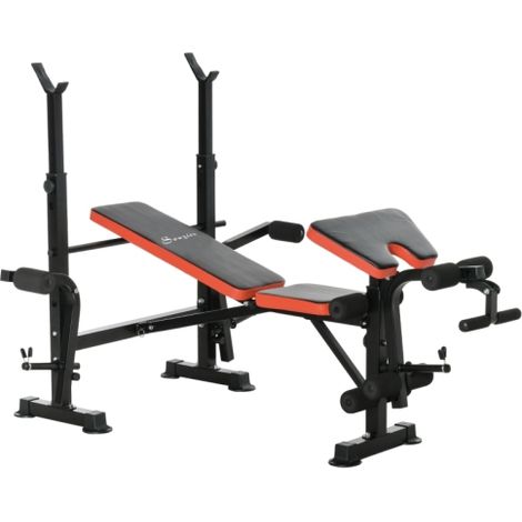 Adjustable Weight Bench with Leg Extension, Barbell Rack, Preacher Curl Pad, Butterfly, Multi-Function Home Gym Bench for Strength Training, Red