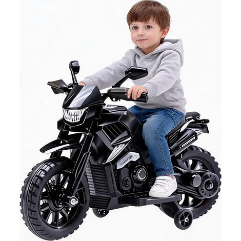 Moto électrique enfant 6V – Véhicule stable avec roulettes, phare LED, musique et klaxon – Batterie 6V 4Ah, supporte 25 kg, certifiée CE – Pour garçons et filles de 3 à 6 ans – Noir