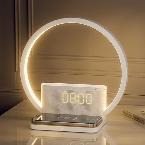 Lampe de chevet tactile avec fonction de recharge,Chargeur Sans Fil Qi 10w,Réveil avec lumière de réveil,10 Sons Apaisants,3 niveaux de luminosité pour la chambre à coucher,le salon. (1/5)