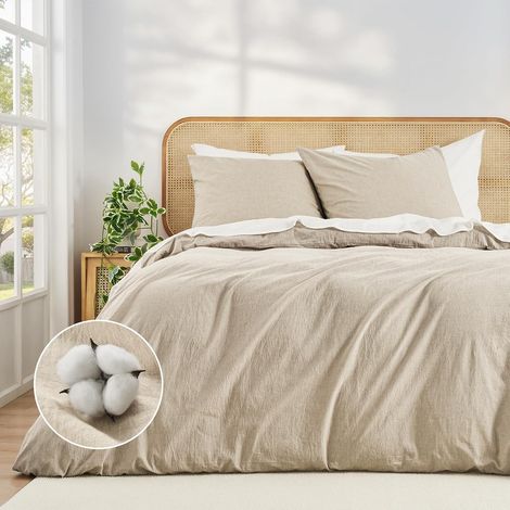 Housse de Couette 220x240 Beige Ultra-Doux Coton 100% Prélavé Parure de lit - Housse de Couette 240x220 + 2 Taies d'oreiller 65x65,Toutes avec Fermeture Éclair (1/5)