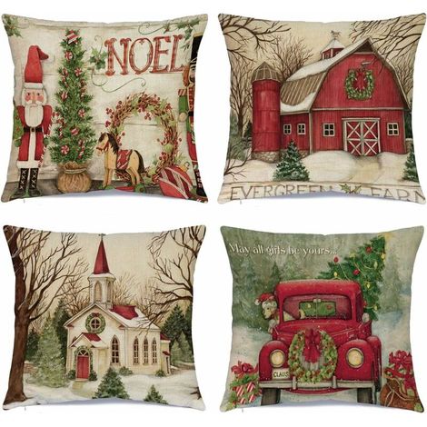 Christmas Pillow Covers 18 x 18 Inches Set of 4 - Xmas Series Cushion Cover Case Pillow Custom Zippered Square Pillowcase (Red House Christmas) (1/5)