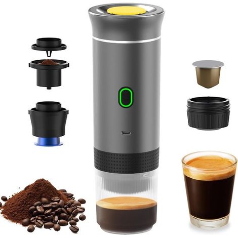Cafetera portátil,cafetera eléctrica inalámbrica 3 en 1,apta para cápsulas y café molido,cafetera para café frío y caliente con taza de 150 ml (1/5)