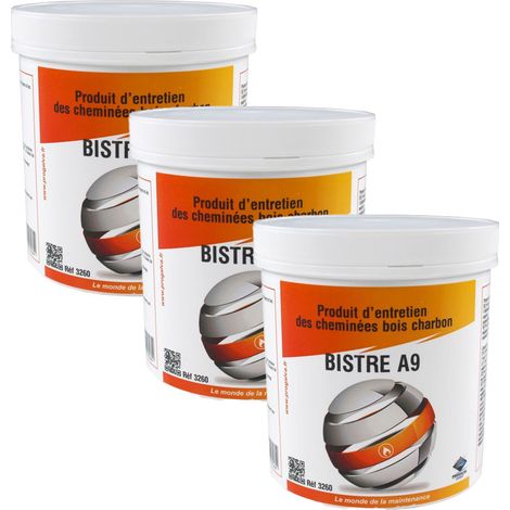 Progalva – Lot de 3 pots de 1kg Bistre A9 – Réduit les goudrons et bistres – Pour cheminées à bois et charbon – Traitement régulier recommandé (1/4)