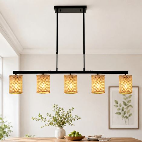 5 - Light Rattan Farmhouse Boho Pendant Light,44.49 Inch Linear Chandelier,Rustic Wicker Chandeliers for Kitchen Islands,Dining Room,Bedroom, Living Room (1/5)