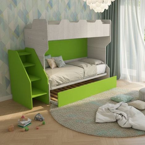 Letto a castello salvaspazio con terzo letto estraibile e scala laterale - Ideale per camerette - Rovere rock e Verde mela