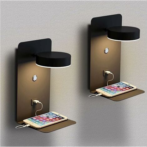 Applique murale salon et entrée,2 Pack Applique Murale Intérieur LED avec port USB 12W Tricolore Dimmable Lampe Murale moderne avec interrupteur Lampe De Lecture murale Rotatif 330° lampe de chevet éc (1/5)