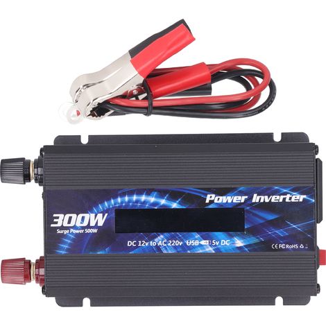 300-W-Kfz-Stromwandler (12 V DC auf 220 V AC) mit Wechselrichter, Ladegerät, Kfz-Steckeradapter, 2,0-A-USB-Anschluss, Lüfter und LCD-Display (Schwarz) (1/5)