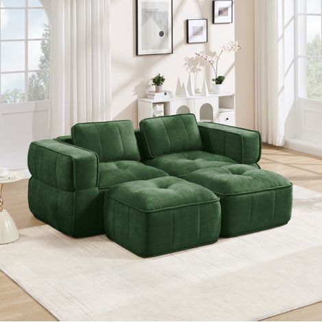 Divano modulare 2 posti con 2 pouf, schiuma 32D ad alta densità, tessuto poliestere verde OKMYHOME (1/5)
