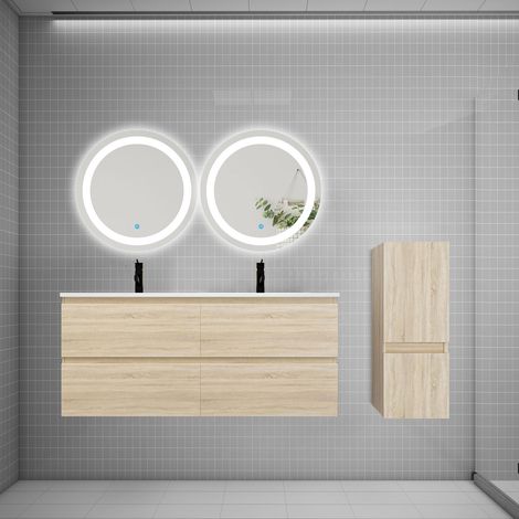Ensemble meuble double vasque L.120cm 4 tiroirs + lavabo + 2 LED miroirs rond 60cm + colonne,chêne easy (1/5)