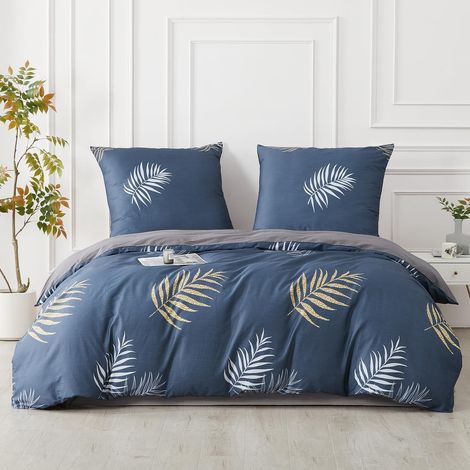 Bettwäsche 200x200 cm Baumwolle Blau mit Pflanzenmotiv, 3-teilig, Oeko-Tex