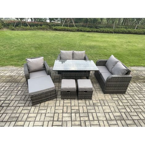 Fimous 8 Seater Lounge Rattan Sofa Set Outdoor Garden Furniture Oblong Rectangular Dining Table With Chairs 3 Footstools Dark Grey Mixed