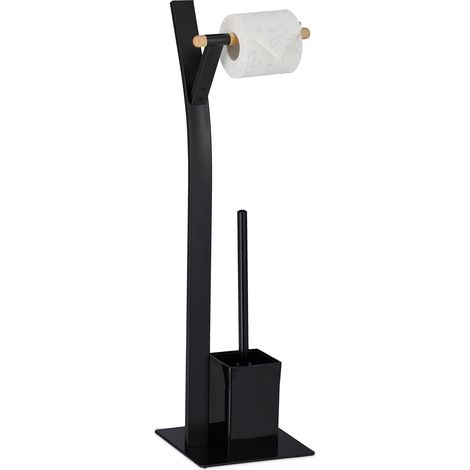 Serviteur WC Non Fixe, avec Porte-Rouleau, Brosse et Son Support, H x L x P : env. 72x20x20 cm, Noir et Nature (1/5)