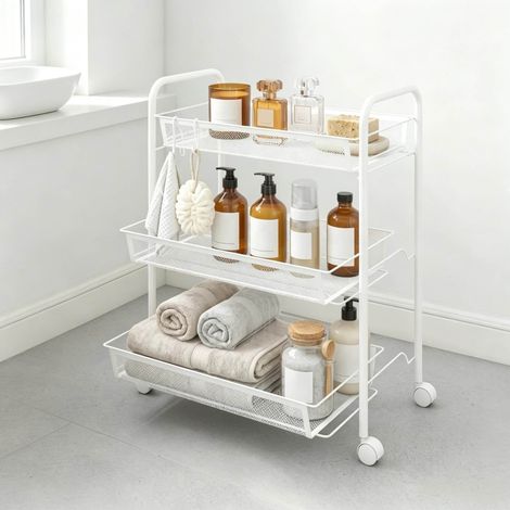 Carrello portaoggetti a 3 livelli con cestelli, 45 x 26,5 x 63 cm, bianco OKMYHOME (1/5)