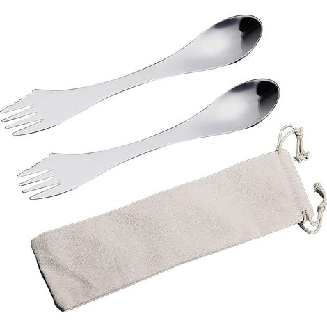 Couvert de camping en acier inoxydable, spork 3-en-1 réutilisable avec étui détachable. (1/5)