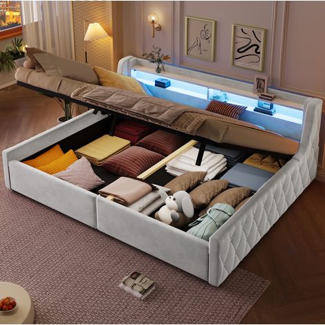 Letto matrimoniale 140x200 cm con contenitore idraulico e testiera a LED, struttura in flanella - beige chiaro (1/5)