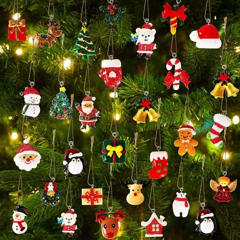 36 pezzi di decorazioni natalizie in miniatura, piccole decorazioni in resina da 3 cm: pupazzo di neve, Babbo Natale, renna, fiocco di neve, statuette da appendere per albero di Natale, ghirlanda, fin