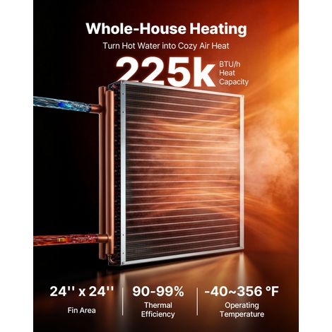 Échangeur de Chaleur à Ailettes 610x610 mm, Échangeur Air-Eau CVC, Tubes en Cuivre et Ailettes Aluminium, Capacité Thermique 66 kW,…