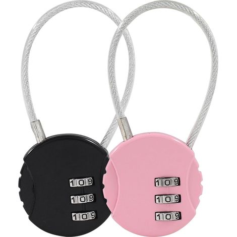Cadenas à câble en acier, lot de 2 – Cadenas à combinaison pour valise – Acier inoxydable – Rose/Noir – (1/5)