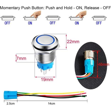 Gebildet 19mm Bouton Poussoir Momentané en Acier Inoxydable, Anneau de Lumière LED, 12V-24V 5A 1NO1NC SPDT ON Off Bouton Étanche avec Fiche à Douille (LED Bleue)