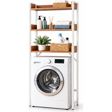 Relaxdays Scaffale per lavatrice, 3 ripiani, sopra WC, legno, MDF e acciaio, HLP 166x63x25 cm, naturale/bianco (1/5)