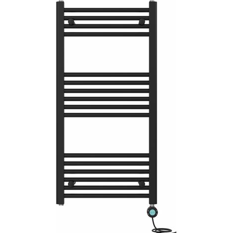 Pre-filled Bathroom Straight Electric Heated Towel Rail Radiator Thermostatic 1000x500mm Black