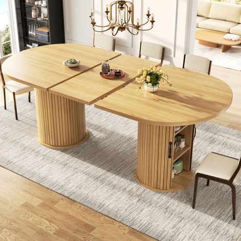 Mesa de comedor 150/190 x 80 cm natural con compartimento oculto y estructura metálica (1/5)