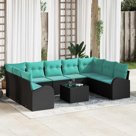 Salon de Jardin Modulable 10 Pièces Canapé de Jardin en Polyrotin Noir et Turquoise - PANGIVO (1/5)