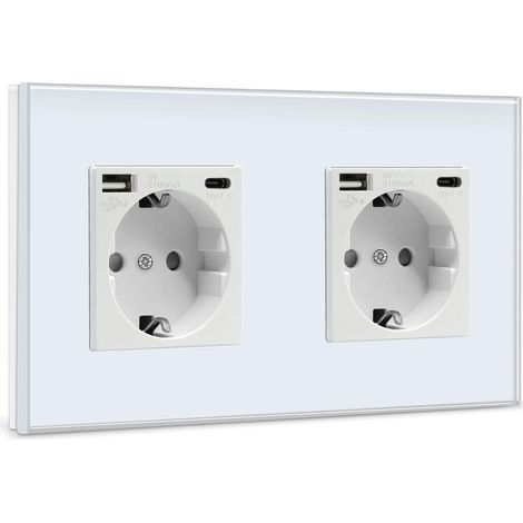 Prise murale double USB – Blanc – Prise avec port USB (max. 2,1 A) et port Type-C – Prise en verre encastrable avec contact de terre (1/5)