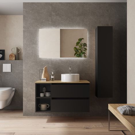 Meuble de salle de bain BEQUIA Plus 100cm Noir mat Vasque à poser Porcelaine Côté réversible (1/5)
