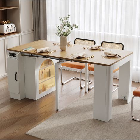 MEUBLIV isola da cucina mobile bianca effetto legno con prolunga, LED, prese e vani (1/5)