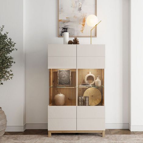 Vitrina Talla, Mueble expositor 6 estantes, Apertura batiente, 2 puertas, 90x35x147h cm Beige (1/5)