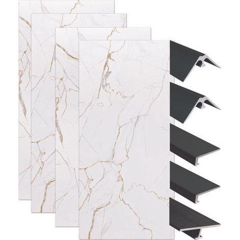 ONDEE ZEN - Pack montage 4 panneaux muraux en niche - marbre blanc mat 200 cm - profilés noirs (1/4)