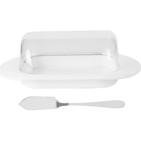 Boîte de Rangement pour Beurre et Fromage en Plastique à Bords Arrondis avec Couvercle Transparent et Couteau Blanc (1/5)