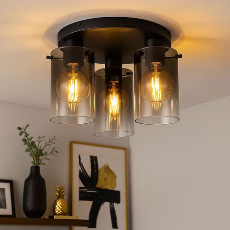Lampada da soffitto Lampada da tavolo da pranzo 3 fiamme in vetro fumé, metallo nero, 3x prese E27, DxH 40,5x26 cm (1/5)