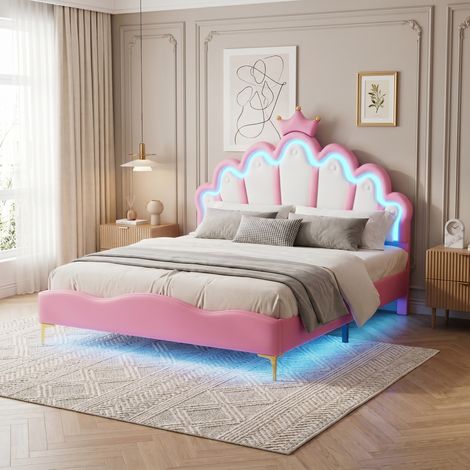Letto singolo con striscia LED stile moderno - Letto bambino principessa corona 140x200 cm con rete a doghe, struttura in similpelle rosa e illuminazione
