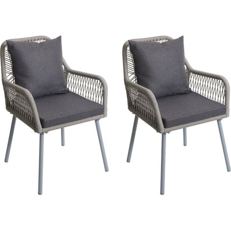 [NEUWERTIG] 2er-Set Gartenstuhl HHG-475, Outdoor Sitz-/Rückenpolster Aluminium Seilgeflecht Rope grau, Bezug dunkelgrau