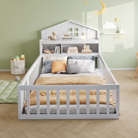 Lit enfant 90x200 cm, maison en bois massif, rangements, étagères, barrière de sécurité et porte, sommier à lattes, blanc (1/5)