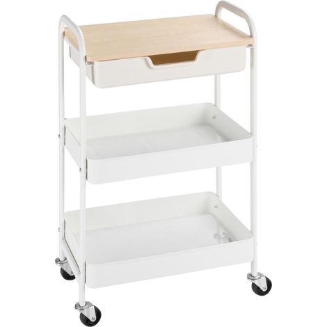 Desserte de cuisine chariot de service 2 étagères tiroir plateau aspect bois clair acier PP blanc idéal pour salon, chambre à coucher ou bureau en bois massif solide et élégant