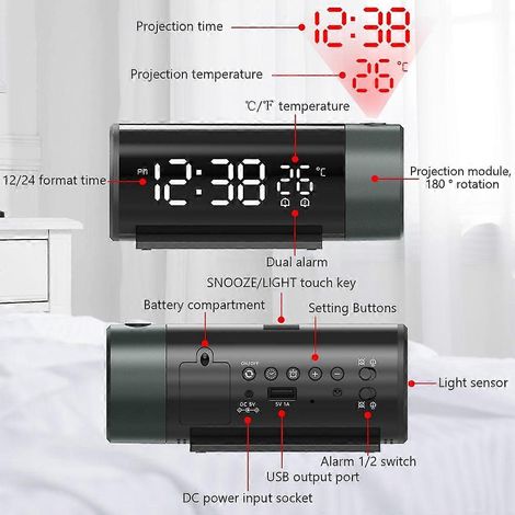 Réveil à projection, horloge numérique avec projecteur rotatif à 180°, réglage de la luminosité sur 4 niveaux, affichage clair. (1/4)