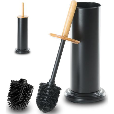 Brosse WC, Brosse de Toilette avec Manche en Bambou, Balai Brosse Toilette avec Support en Métal, Deux Têtes de Brosse, Base Lestée (Noir) (1/5)